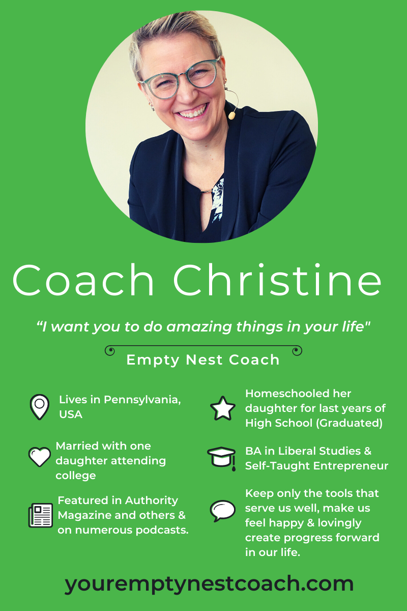 Meet the amazing Christine Maziarz, Your Empty Nest Coach, who is most well known for her very successful podcast, where she just published her 106th episode. #youremptynestcoach #emptynester #emptynestmom #coach #podcaster #featuredmompreneur