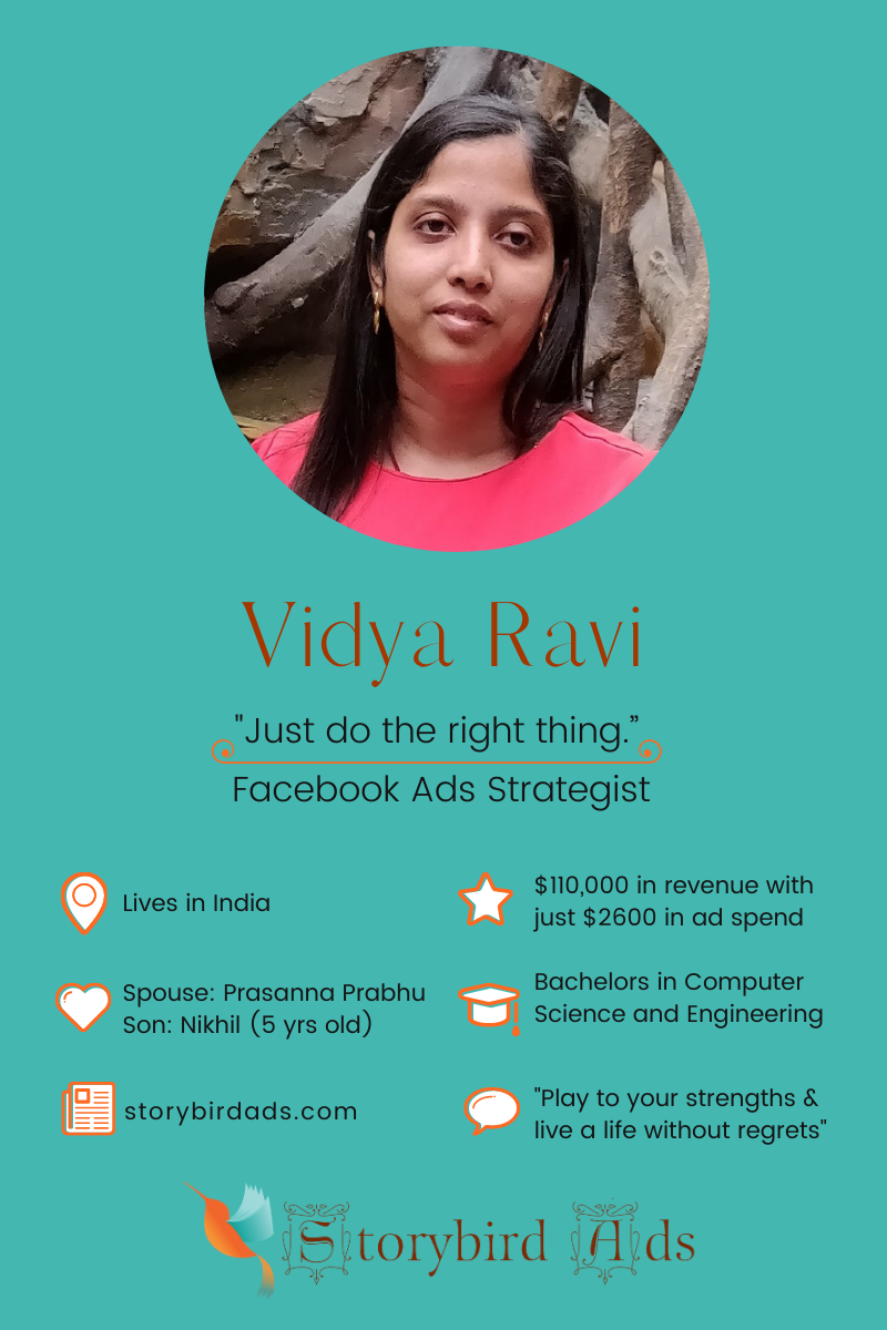 Vidya Ravi is a super successful, results-oriented FB Ads Strategist. What makes Vidya so successful as an FB Ads Strategist? She loves reading storybooks and she's a born storyteller. And she cares about her client's success. Read more... #fbadsstrategist #facebookmarketingspecialist #featuredmompreneur #inspiringmompreneurs